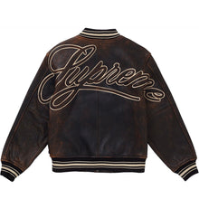 Load image into Gallery viewer, Supreme worn leather varsity jacket black
