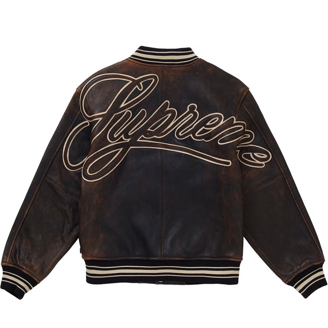 Supreme worn leather varsity jacket black